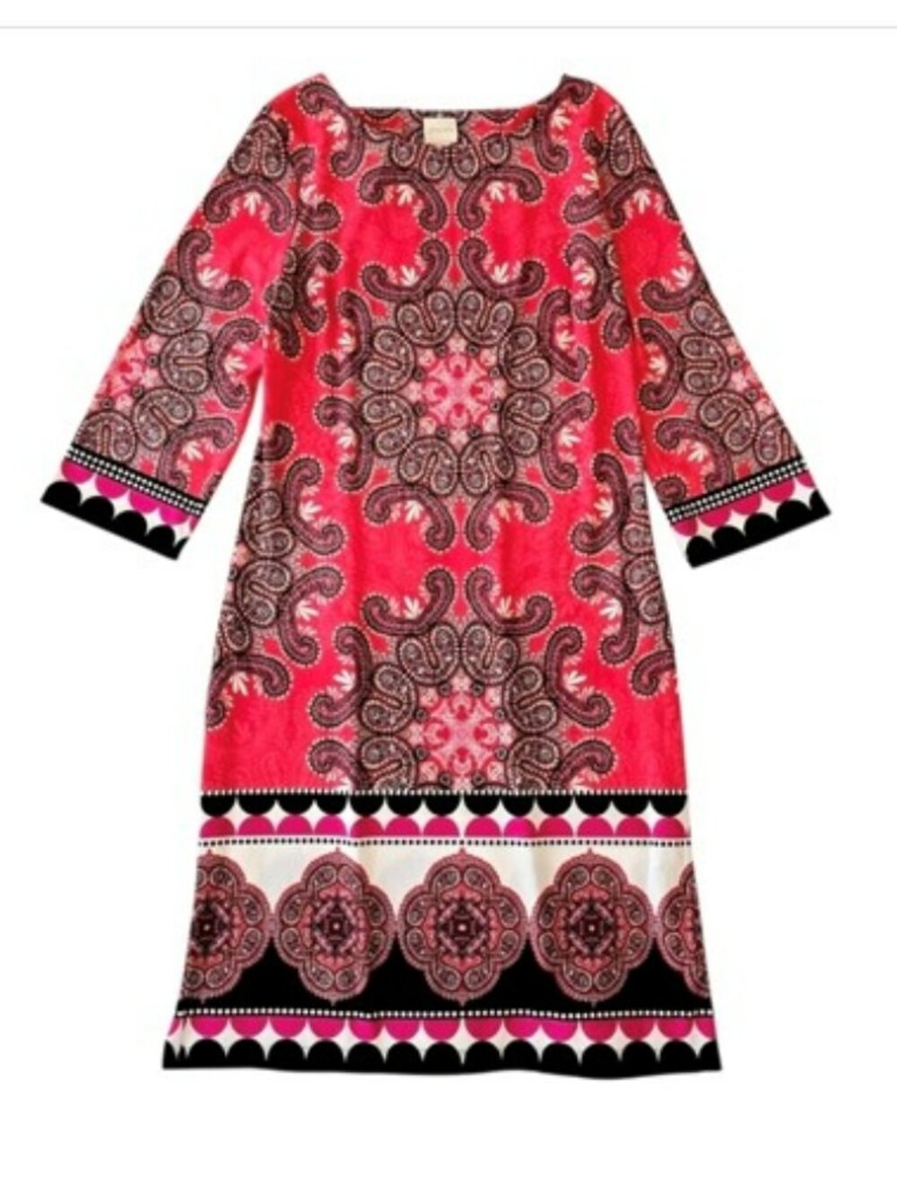 Chico's 0 Women's Shift Dress Size Small Red Pink 3/4 Sleeves Relaxed Fit Boho